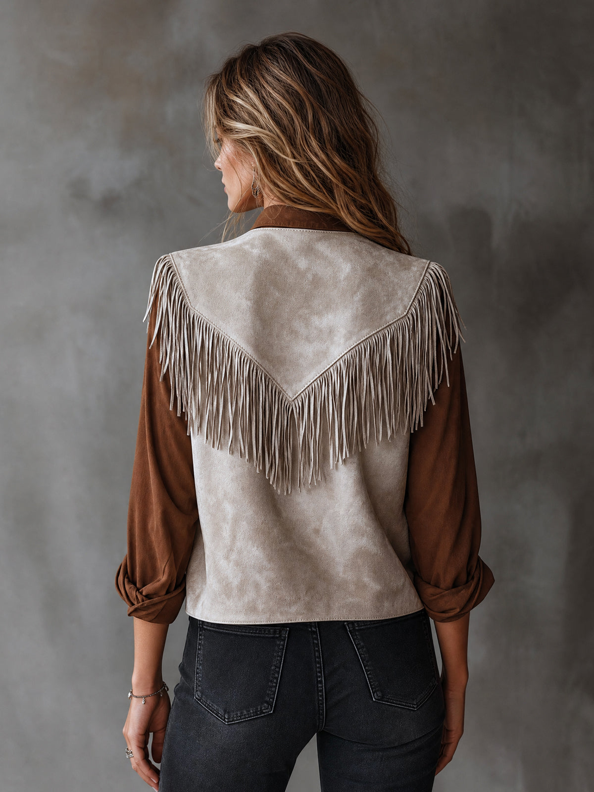 Chic Casual Light Gray Faux Suede V-Neck SleevelessFringe Detail Loose-Fit Vest