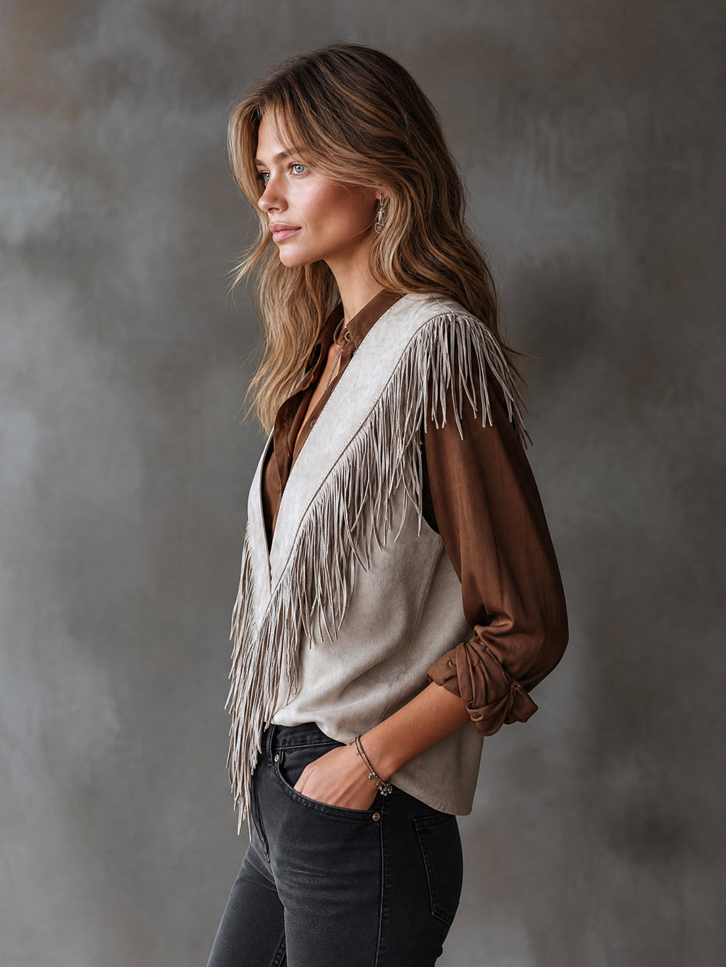 Chic Casual Light Gray Faux Suede V-Neck SleevelessFringe Detail Loose-Fit Vest