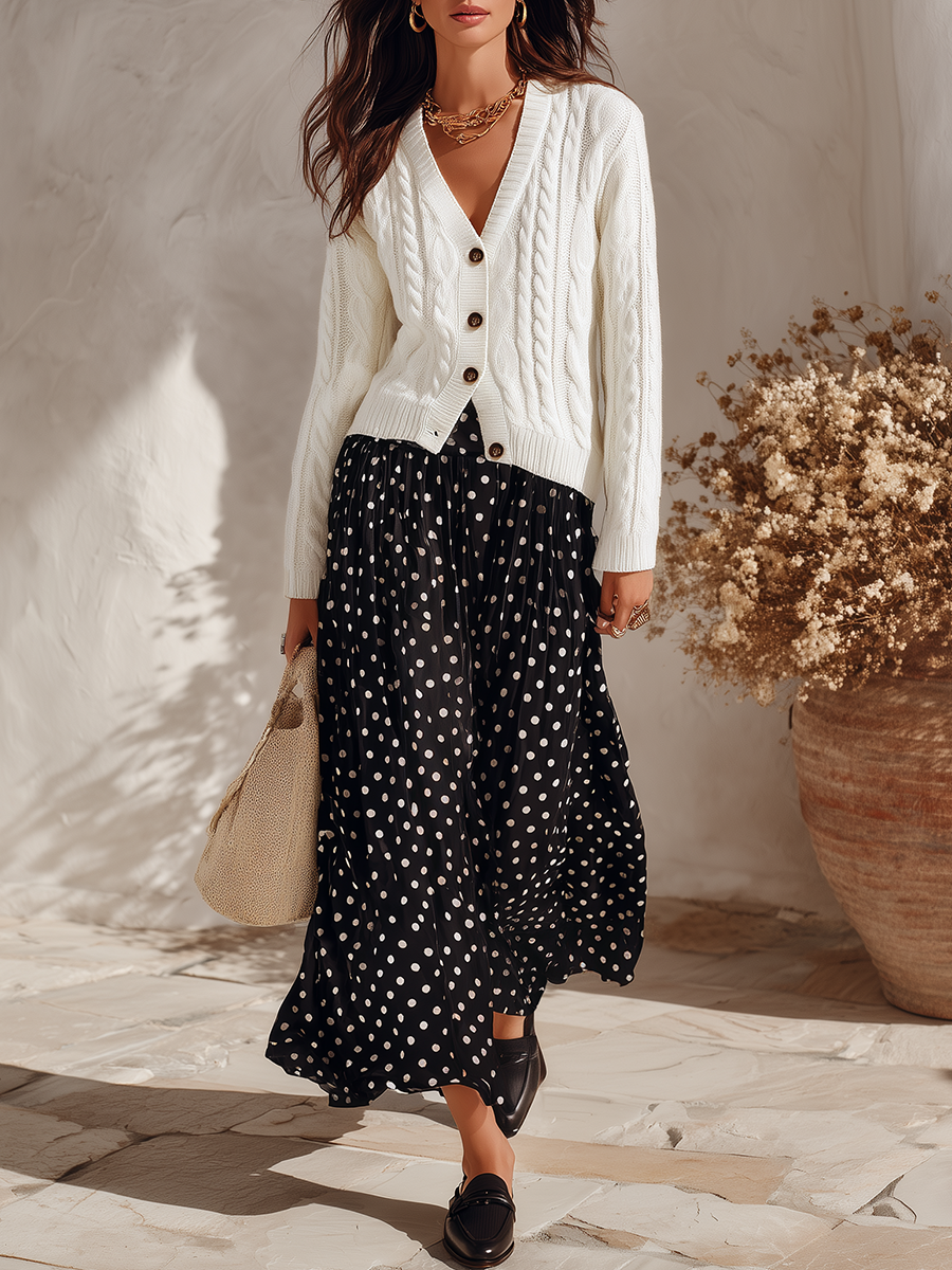 Vacation-style V-neck Long-sleeve Knit Cardigan And Polka-dot Skirt Set