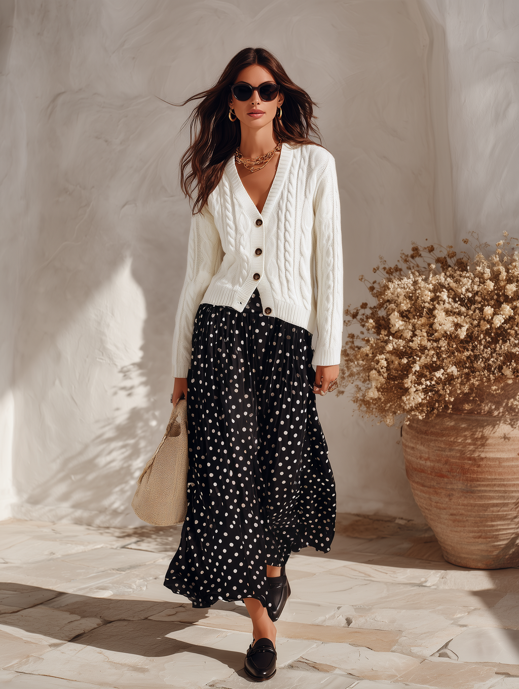 Vacation-style V-neck Long-sleeve Knit Cardigan And Polka-dot Skirt Set