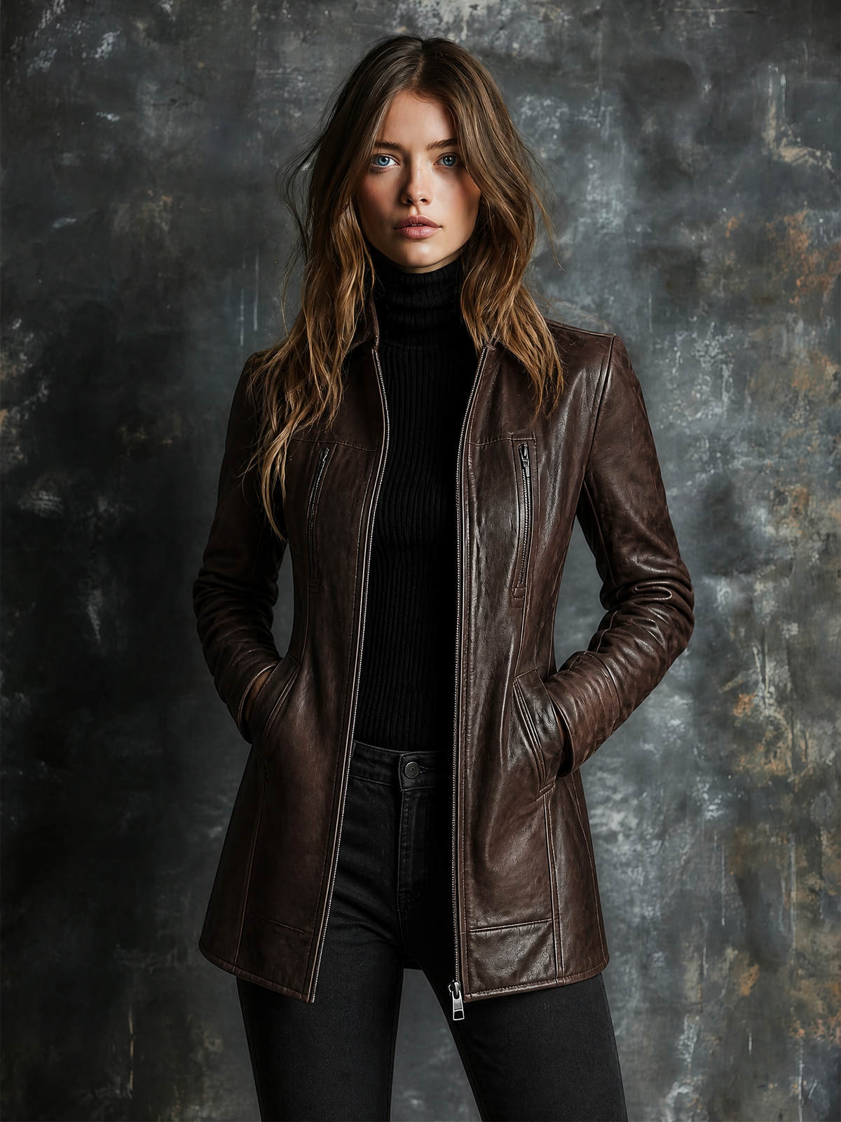 Chic Elegant Dark Brown Faux Leather Stand Collar Zip‑Up Long-Sleeve Zipper Pocket Slim-Fit Coat