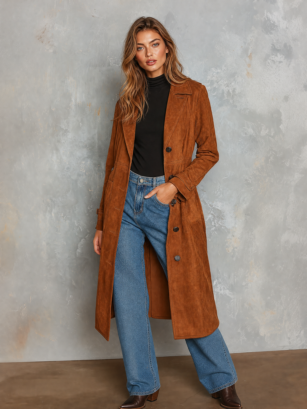 Chic Elegant Caramel Notched Lapel Double Breasted Long-Sleeve Loose-Fit Faux Suede Trench Coat