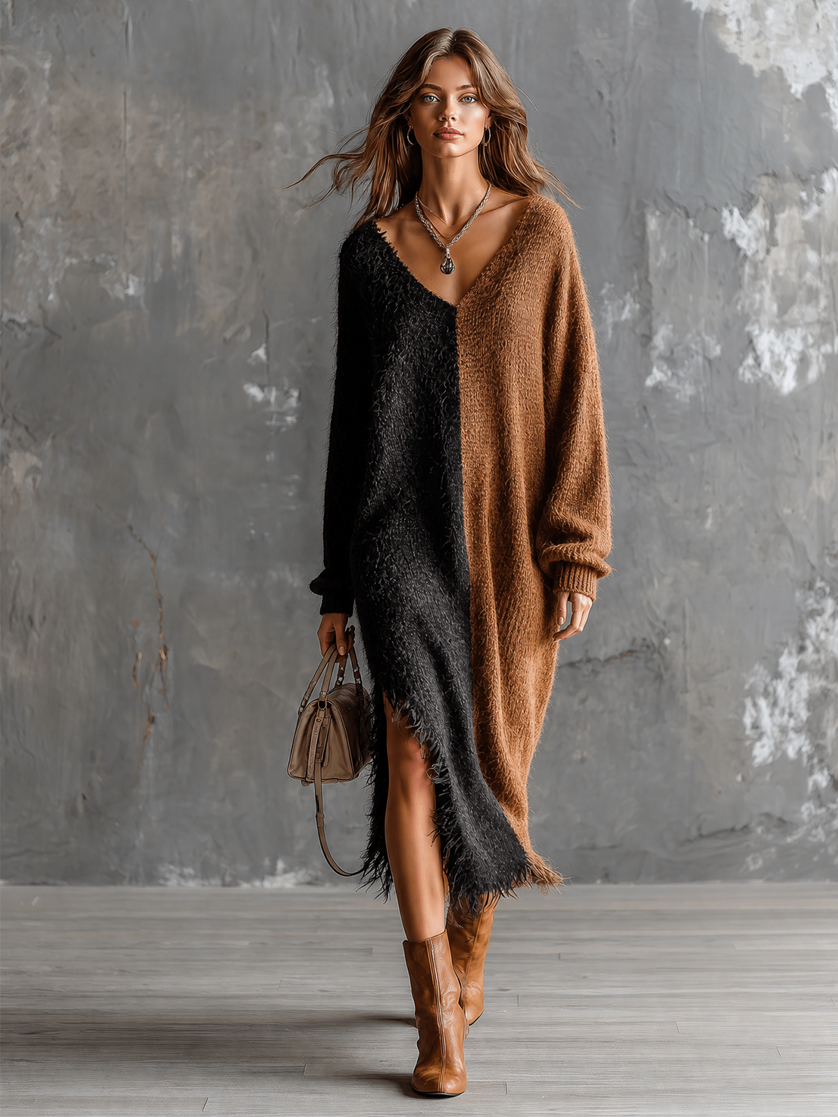 Chic Elegant Black-Brown Colorblock V-Neck Long-Sleeve Fringe Hem Loose-Fit Side Slit Knit Maxi Dress
