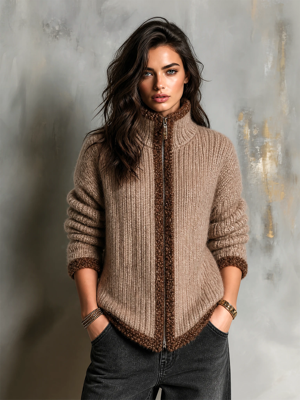 Chic Elegant Camel Stand Collar Zip‑Up Contrast Sherpa Trim Long-Sleeve Loose-Fit Knit Cardigan Top