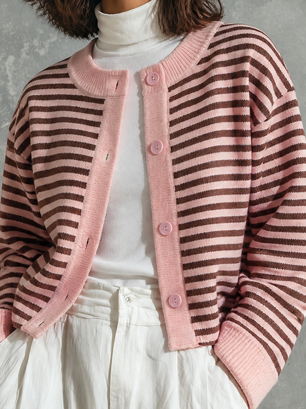 Chic Elegant Pink-Brown Stripes Round-Neck Single-Breasted Long-Sleeve Loose-Fit Knit Cardigan Top
