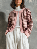 Chic Elegant Pink-Brown Stripes Round-Neck Single-Breasted Long-Sleeve Loose-Fit Knit Cardigan Top