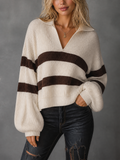 Chic Casual Off-White Lapel V-Neck Contrast Brown Stripes Balloon Sleeve Loose-Fit Knit Sweater