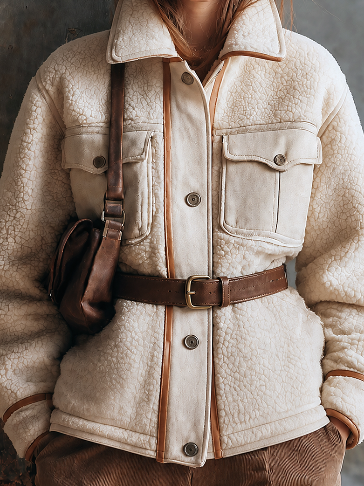 Chic Casual Off-White Stand Collar Front Button Cosure Contrast Trim Flap Pocket Long-Sleeve Waist Belt Loose-Fit Sherpa Fleece Jacket