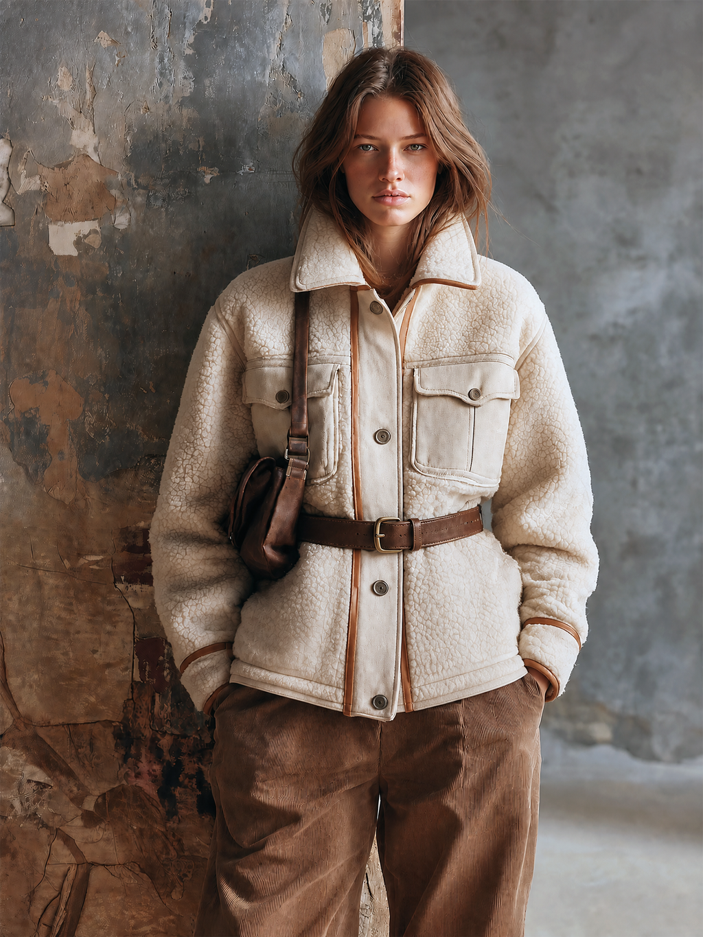 Chic Casual Off-White Stand Collar Front Button Cosure Contrast Trim Flap Pocket Long-Sleeve Waist Belt Loose-Fit Sherpa Fleece Jacket