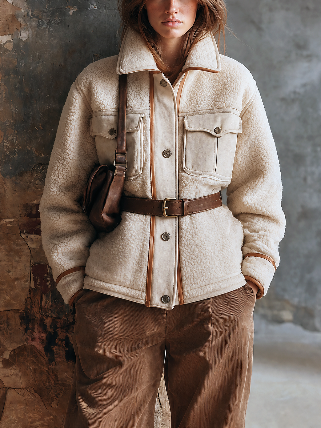 Chic Casual Off-White Stand Collar Front Button Cosure Contrast Trim Flap Pocket Long-Sleeve Waist Belt Loose-Fit Sherpa Fleece Jacket