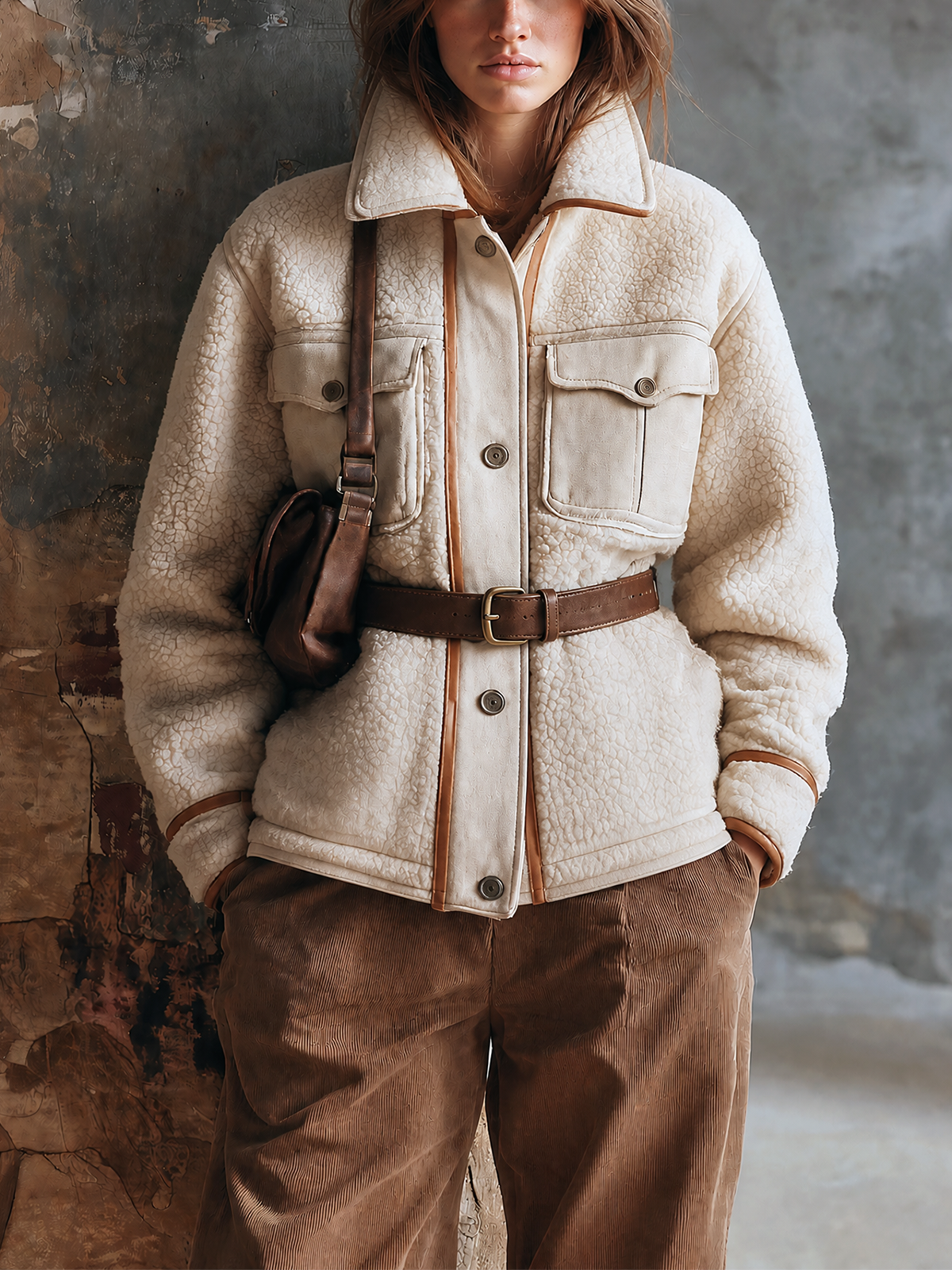 Chic Casual Off-White Stand Collar Front Button Cosure Contrast Trim Flap Pocket Long-Sleeve Waist Belt Loose-Fit Sherpa Fleece Jacket