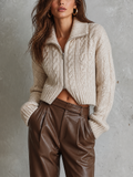 Chic Elegant Off-White Lapel Collar Zip‑Up Dropped-Shoulder Long-Sleeve Loose-Fit Cable Knit Cardigan Top