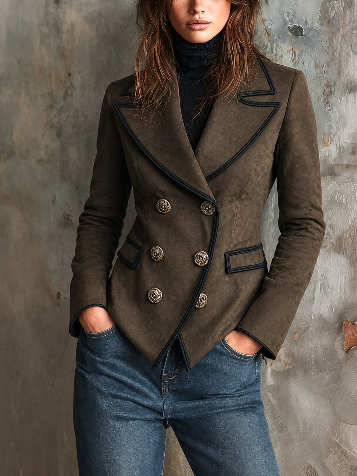 Chic Elegant Taupe Brown Peaked Lapel Double-Breasted Contrast Trim Long-Sleeve Flap Pockets Slim-Fit Faux Suede Blazer
