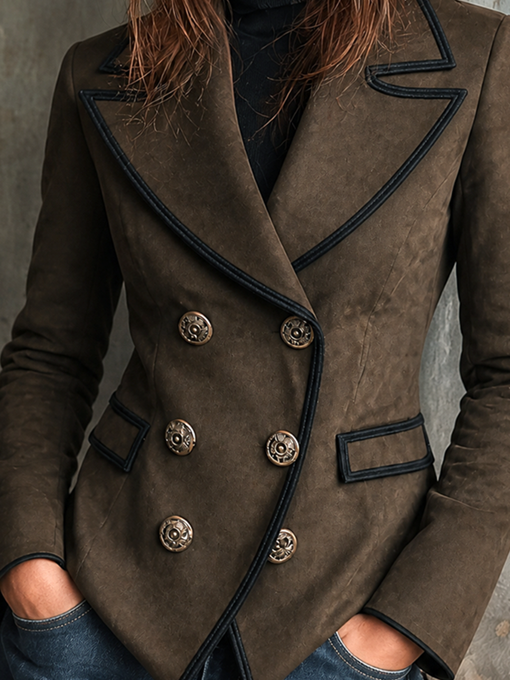 Chic Elegant Taupe Brown Peaked Lapel Double-Breasted Contrast Trim Long-Sleeve Flap Pockets Slim-Fit Faux Suede Blazer
