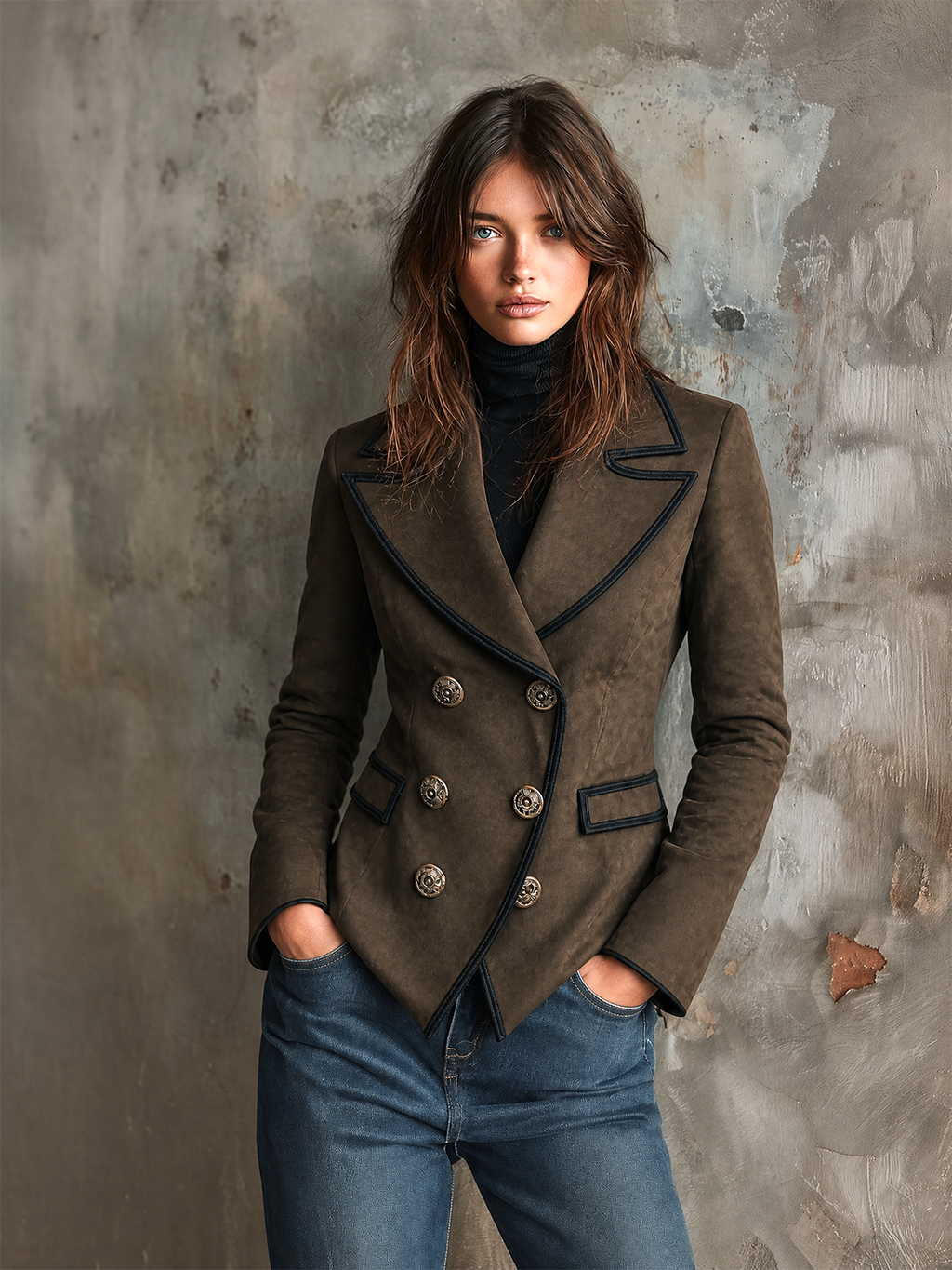 Chic Elegant Taupe Brown Peaked Lapel Double-Breasted Contrast Trim Long-Sleeve Flap Pockets Slim-Fit Faux Suede Blazer