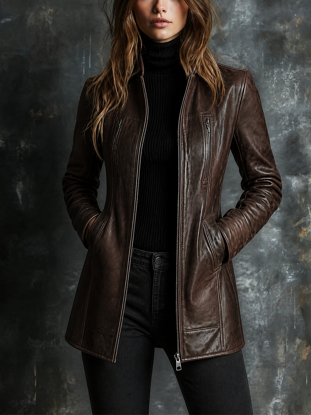 Chic Elegant Dark Brown Faux Leather Stand Collar Zip‑Up Long-Sleeve Zipper Pocket Slim-Fit Coat