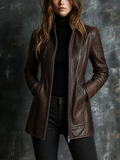 Chic Elegant Dark Brown Faux Leather Stand Collar Zip‑Up Long-Sleeve Zipper Pocket Slim-Fit Coat