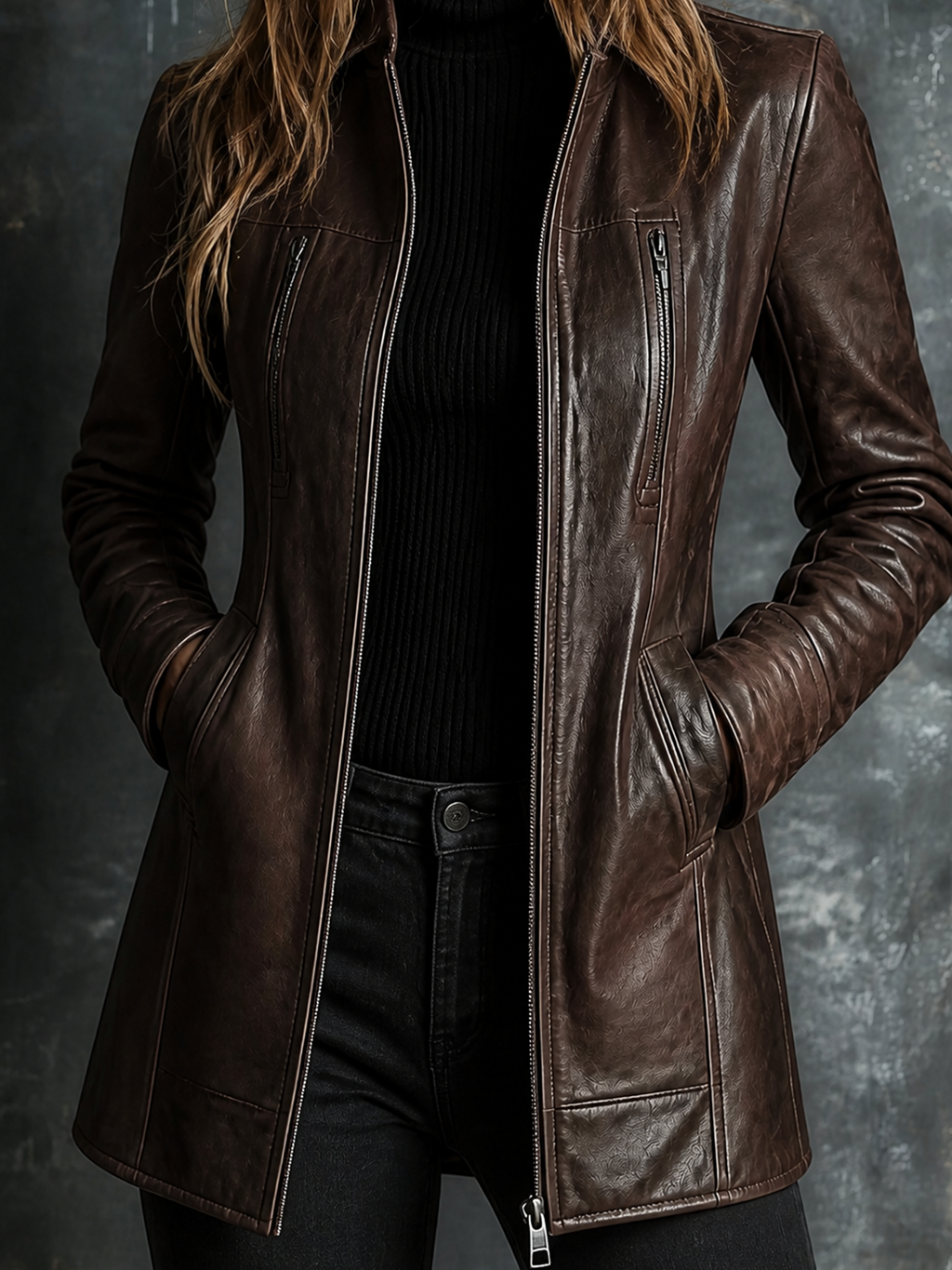 Chic Elegant Dark Brown Faux Leather Stand Collar Zip‑Up Long-Sleeve Zipper Pocket Slim-Fit Coat