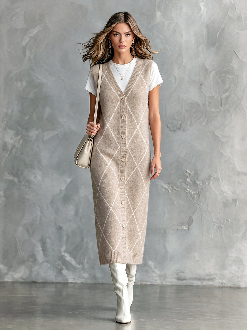 Chic Casual Oatmeal Argyle Pattern Jacquard V-Neck Sleeveless Single-Breasted Loose-Fit Wool Blend Knit Midi Dress