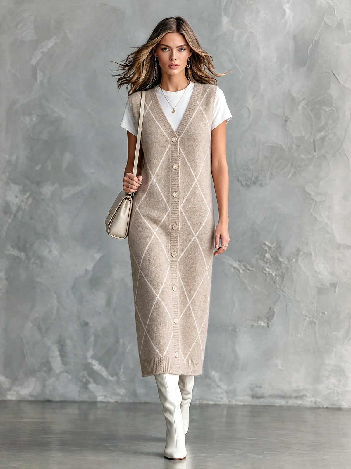 Chic Casual Oatmeal Argyle Pattern Jacquard V-Neck Sleeveless Single-Breasted Loose-Fit Wool Blend Knit Midi Dress