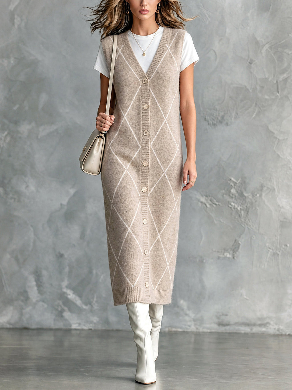 Chic Casual Oatmeal Argyle Pattern Jacquard V-Neck Sleeveless Single-Breasted Loose-Fit Wool Blend Knit Midi Dress