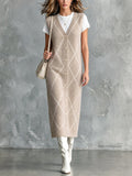 Chic Casual Oatmeal Argyle Pattern Jacquard V-Neck Sleeveless Single-Breasted Loose-Fit Wool Blend Knit Midi Dress