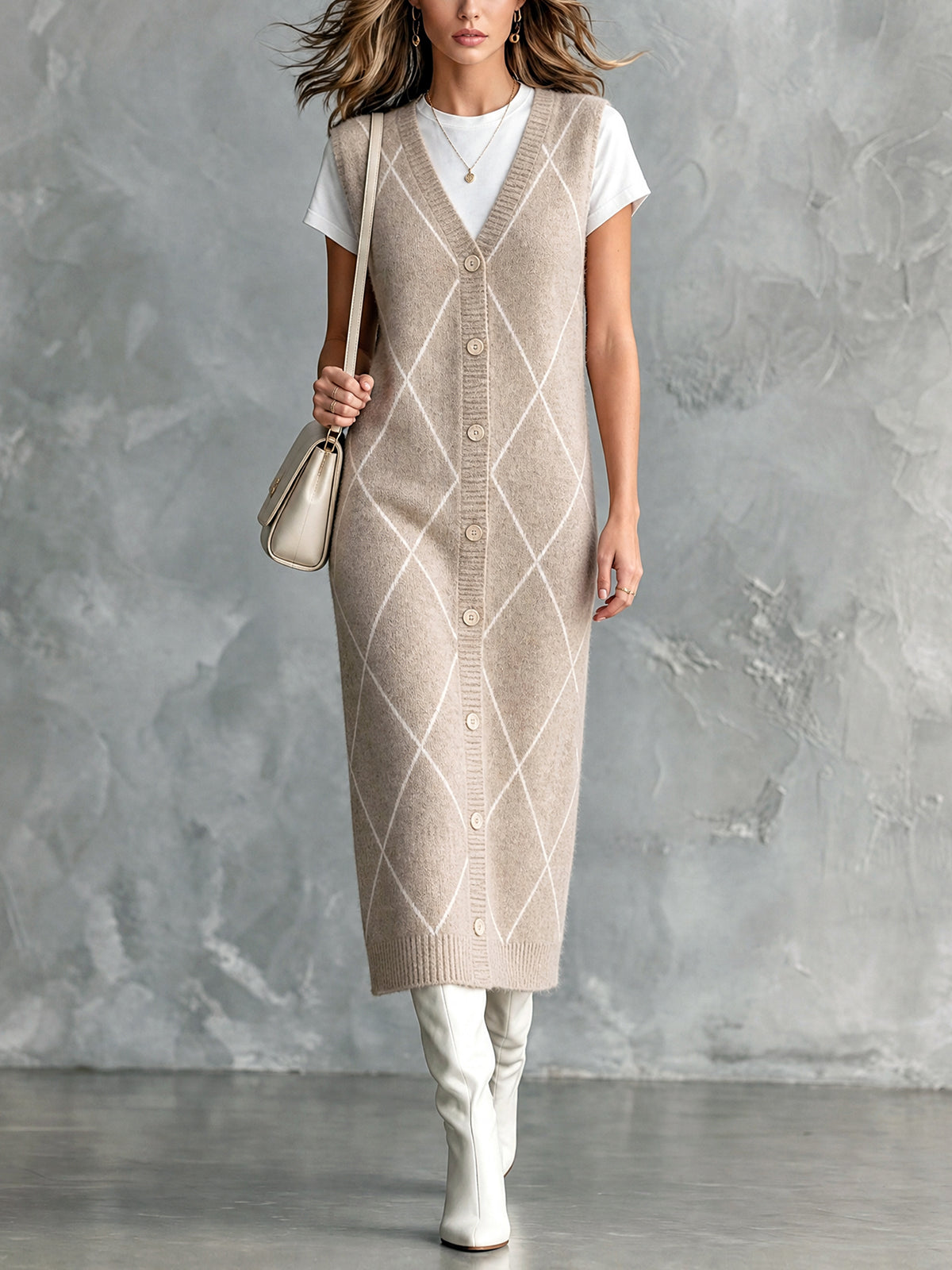 Chic Casual Oatmeal Argyle Pattern Jacquard V-Neck Sleeveless Single-Breasted Loose-Fit Wool Blend Knit Midi Dress