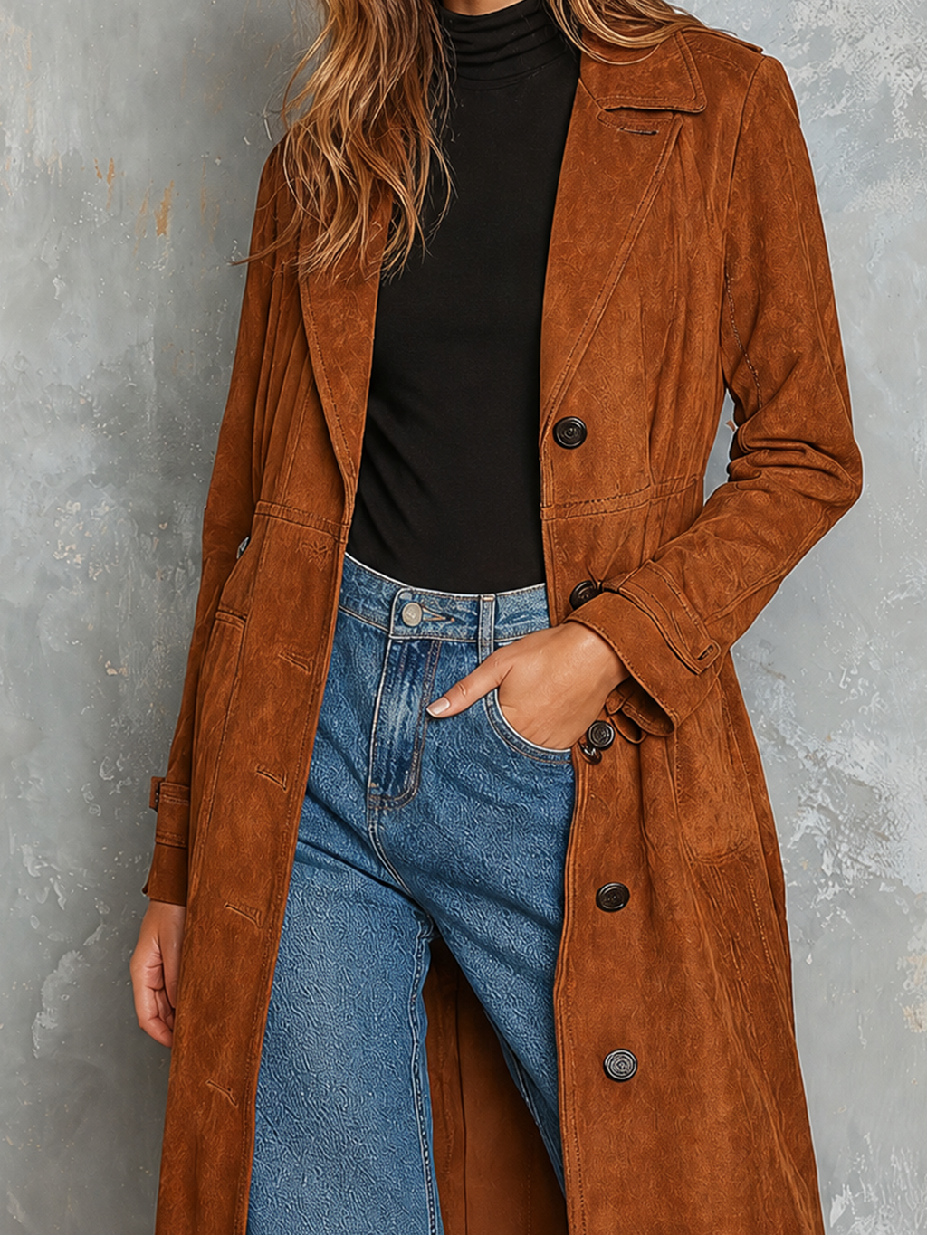 Chic Elegant Caramel Notched Lapel Double Breasted Long-Sleeve Loose-Fit Faux Suede Trench Coat