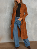 Chic Elegant Caramel Notched Lapel Double Breasted Long-Sleeve Loose-Fit Faux Suede Trench Coat