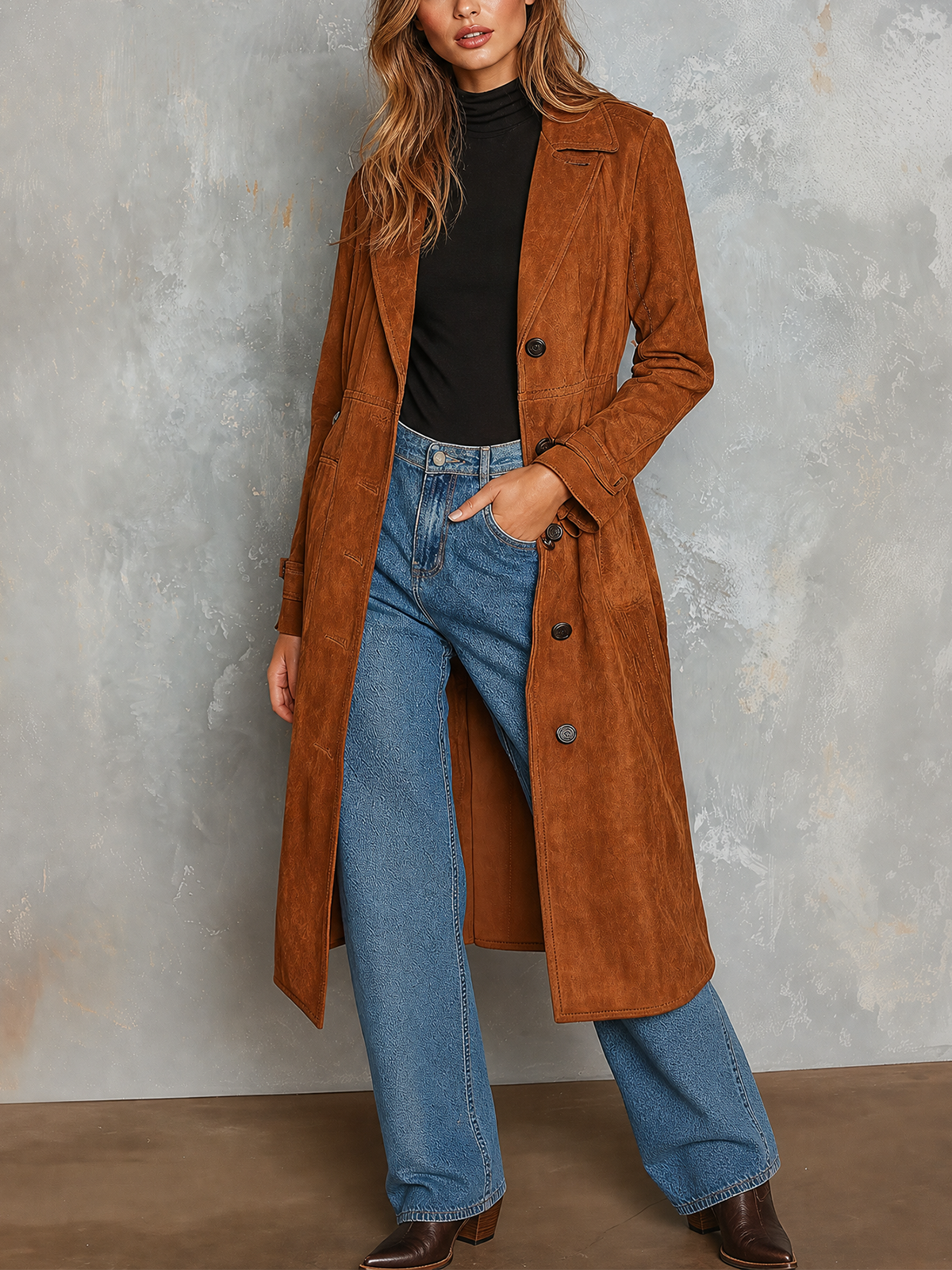 Chic Elegant Caramel Notched Lapel Double Breasted Long-Sleeve Loose-Fit Faux Suede Trench Coat