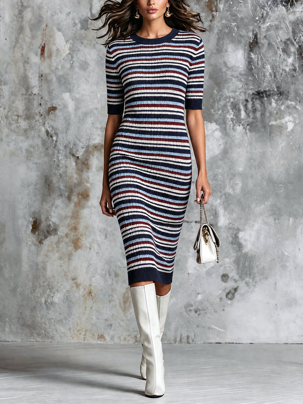 Chic Elegant Navy Blue-Brugundy-White Stripes Round-Neck Half-Sleeve Slim-Fit Wool Blend Knit Midi Dress