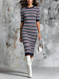 Chic Elegant Navy Blue-Brugundy-White Stripes Round-Neck Half-Sleeve Slim-Fit Wool Blend Knit Midi Dress