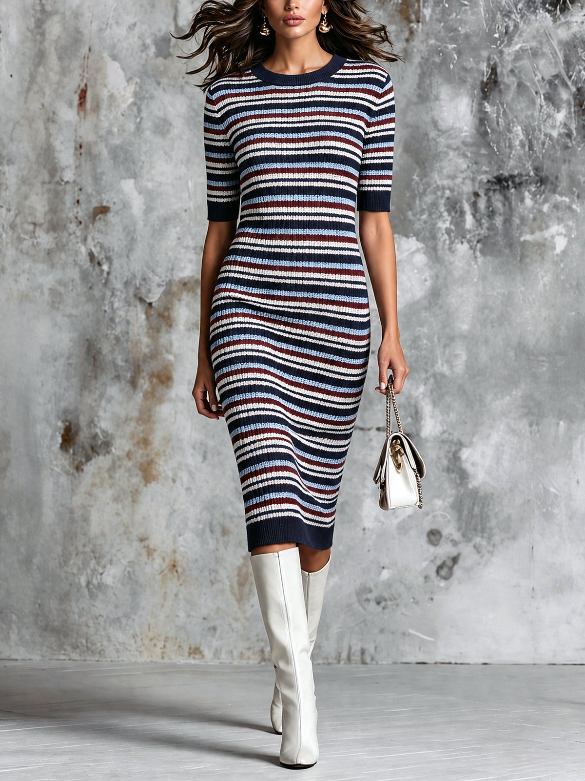 Chic Elegant Navy Blue-Brugundy-White Stripes Round-Neck Half-Sleeve Slim-Fit Wool Blend Knit Midi Dress