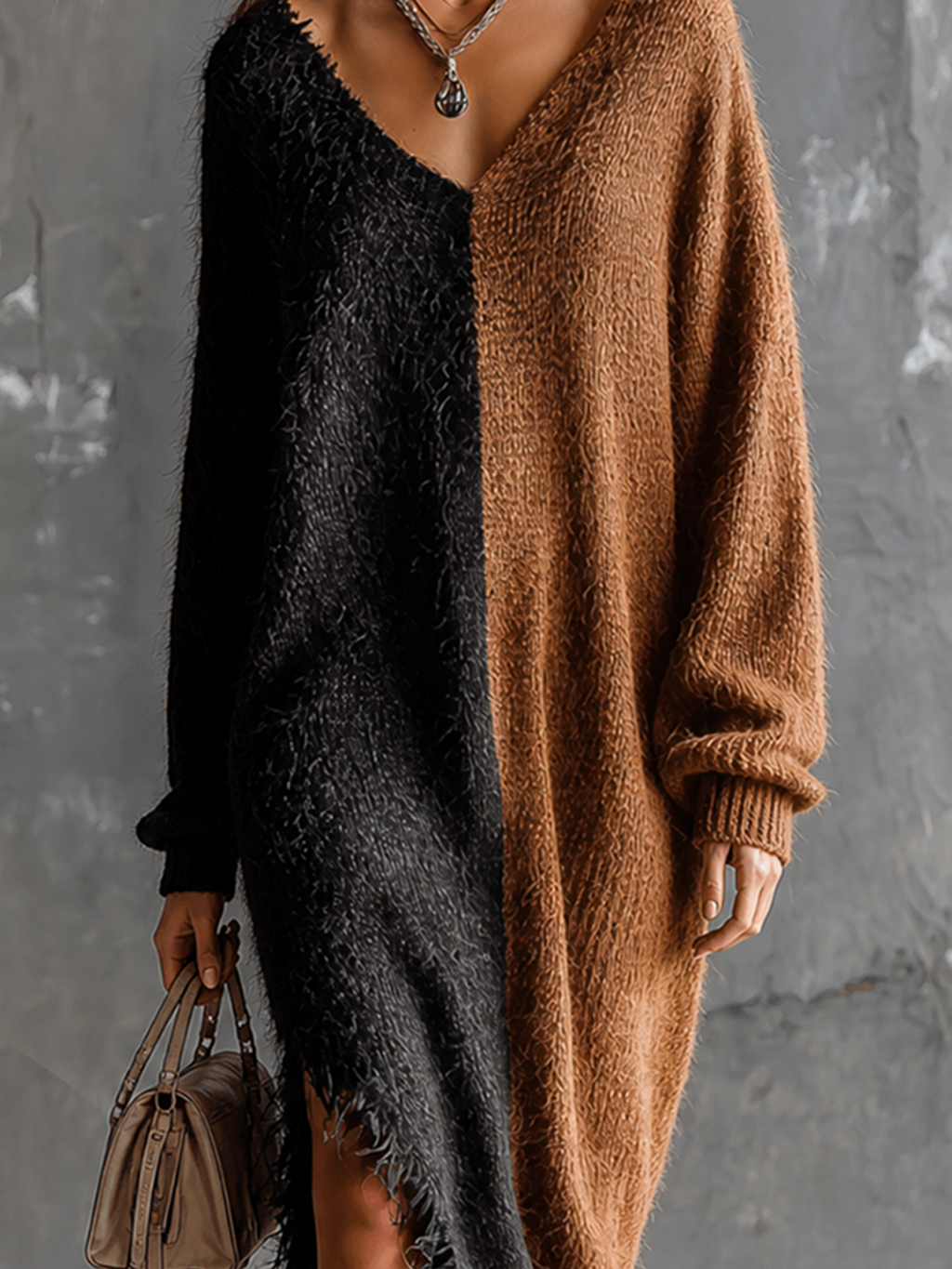 Chic Elegant Black-Brown Colorblock V-Neck Long-Sleeve Fringe Hem Loose-Fit Side Slit Knit Maxi Dress