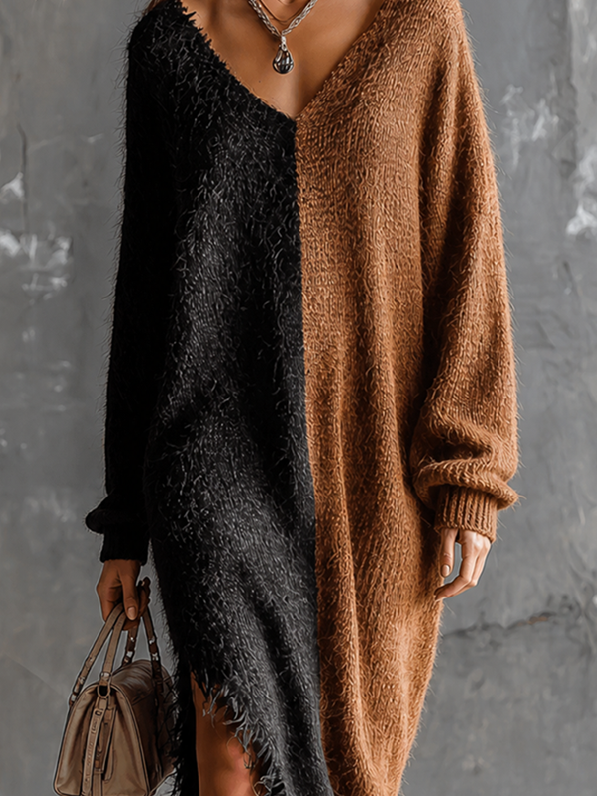 Chic Elegant Black-Brown Colorblock V-Neck Long-Sleeve Fringe Hem Loose-Fit Side Slit Knit Maxi Dress