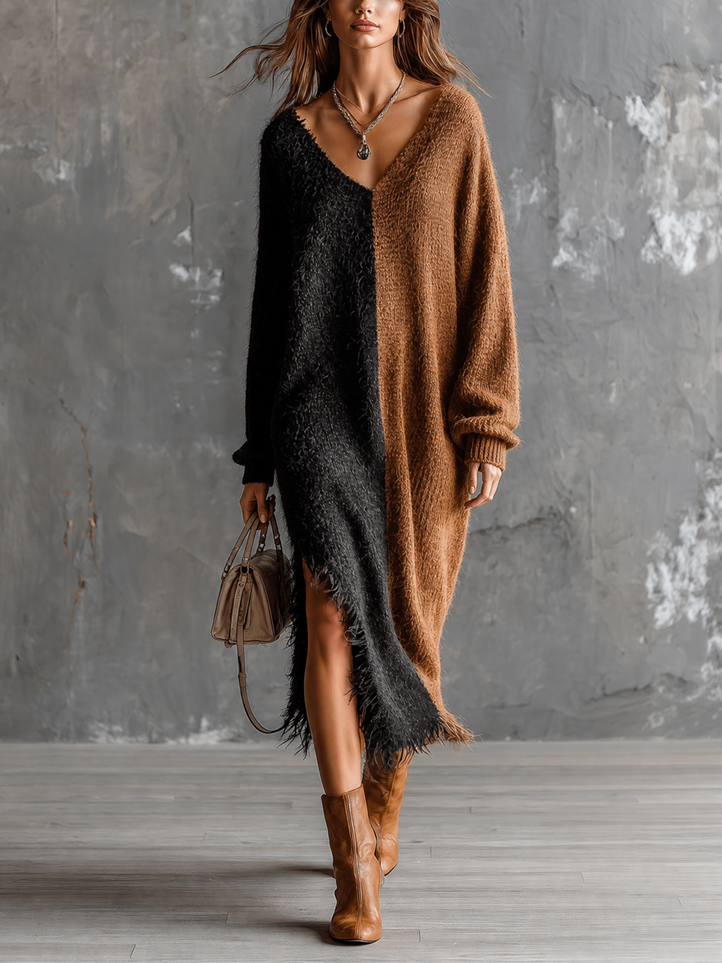 Chic Elegant Black-Brown Colorblock V-Neck Long-Sleeve Fringe Hem Loose-Fit Side Slit Knit Maxi Dress
