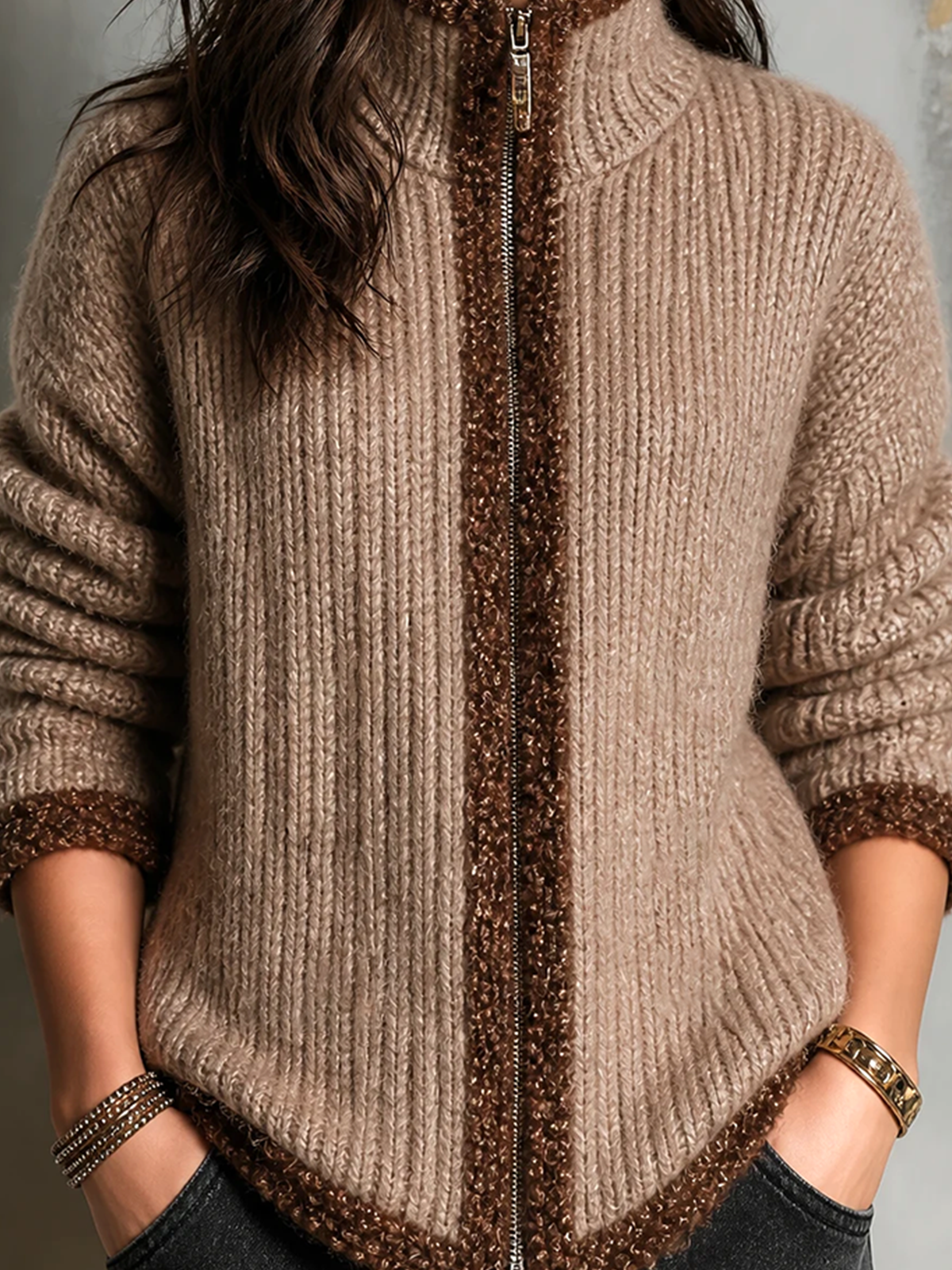 Chic Elegant Camel Stand Collar Zip‑Up Contrast Sherpa Trim Long-Sleeve Loose-Fit Knit Cardigan Top