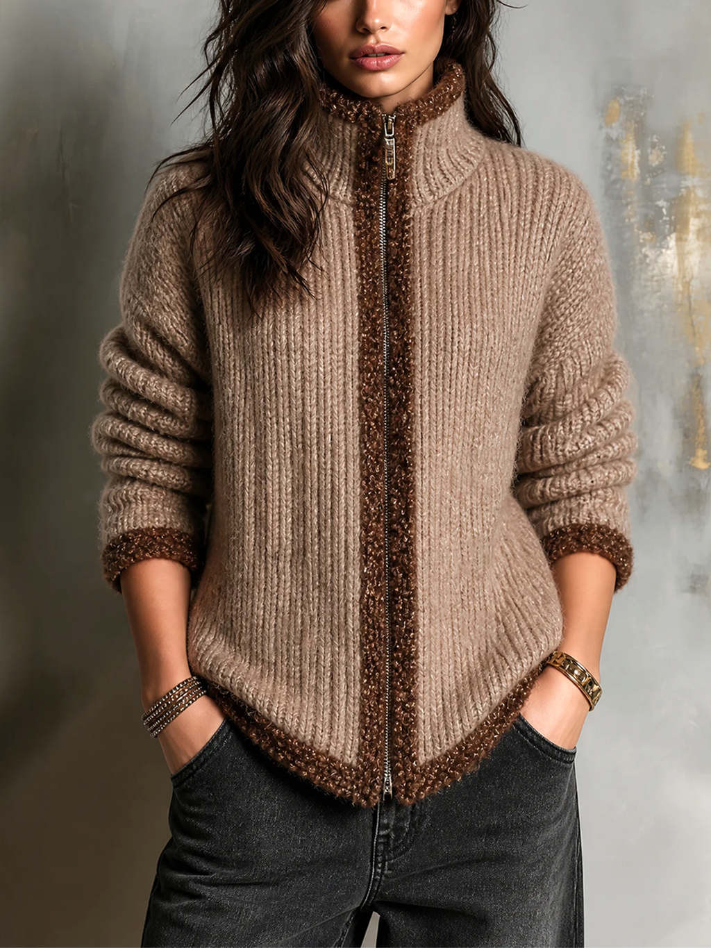 Chic Elegant Camel Stand Collar Zip‑Up Contrast Sherpa Trim Long-Sleeve Loose-Fit Knit Cardigan Top