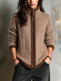 Chic Elegant Camel Stand Collar Zip‑Up Contrast Sherpa Trim Long-Sleeve Loose-Fit Knit Cardigan Top