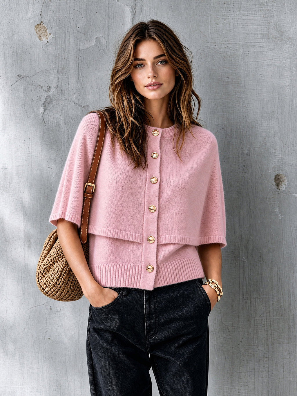 Chic Elegant Pink Round-Neck Cape-Sleeve Single-Breasted Loose-Fit Wool Blend Knit Faux Two-Piece Cardigan