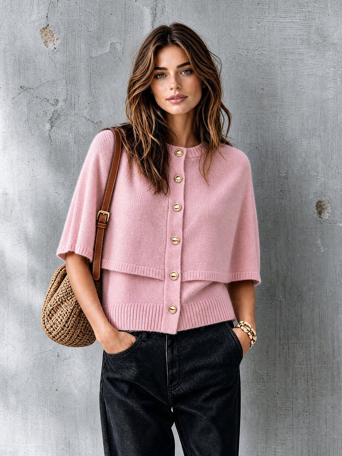 Chic Elegant Pink Round-Neck Cape-Sleeve Single-Breasted Loose-Fit Wool Blend Knit Faux Two-Piece Cardigan