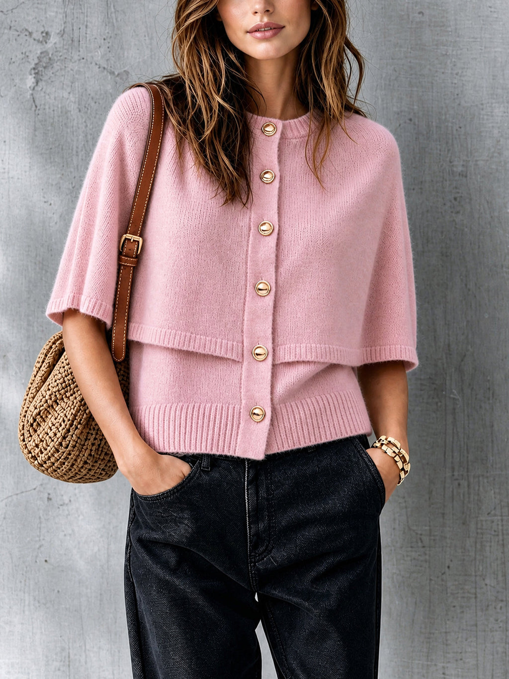 Chic Elegant Pink Round-Neck Cape-Sleeve Single-Breasted Loose-Fit Wool Blend Knit Faux Two-Piece Cardigan