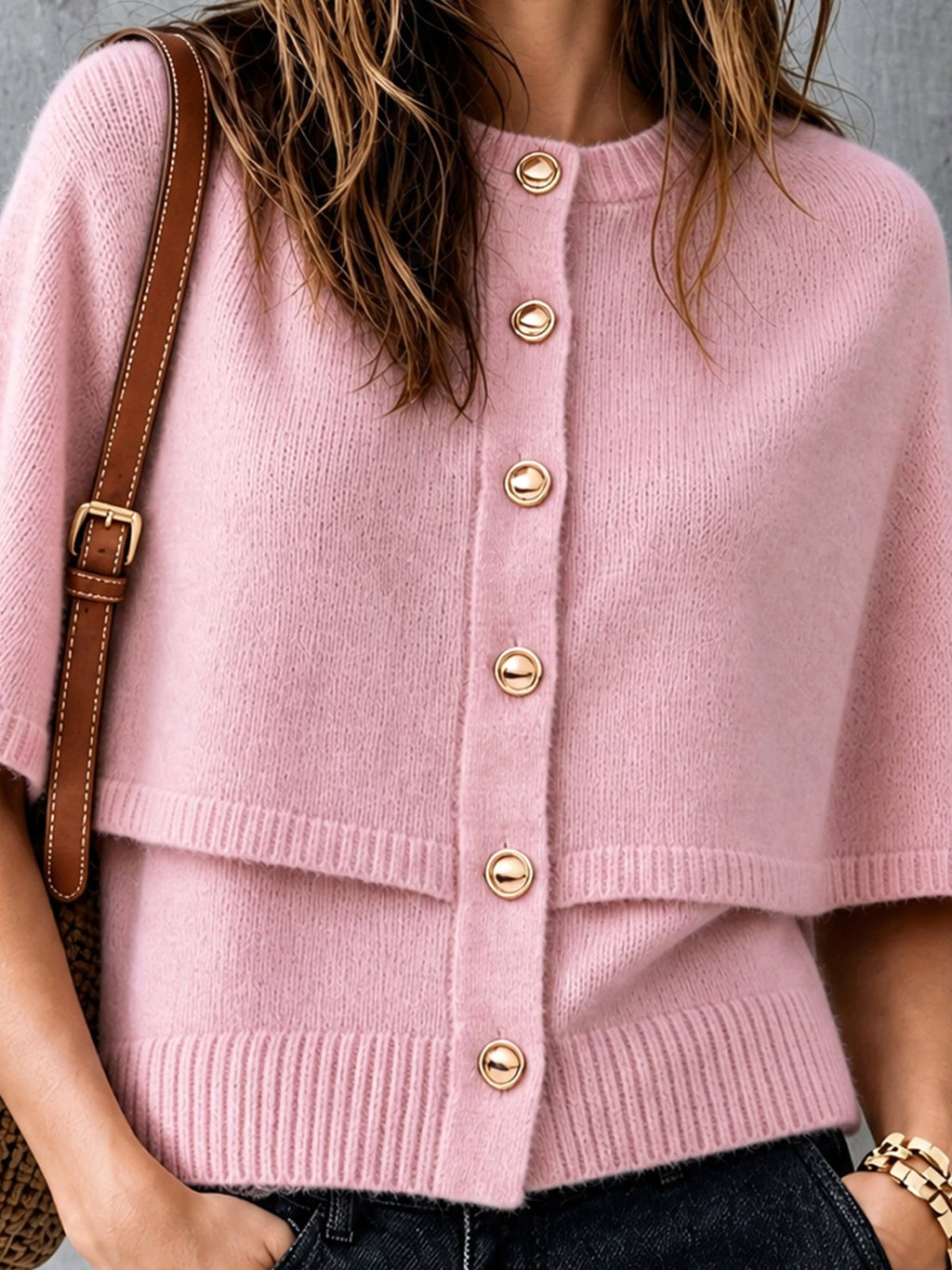 Chic Elegant Pink Round-Neck Cape-Sleeve Single-Breasted Loose-Fit Wool Blend Knit Faux Two-Piece Cardigan