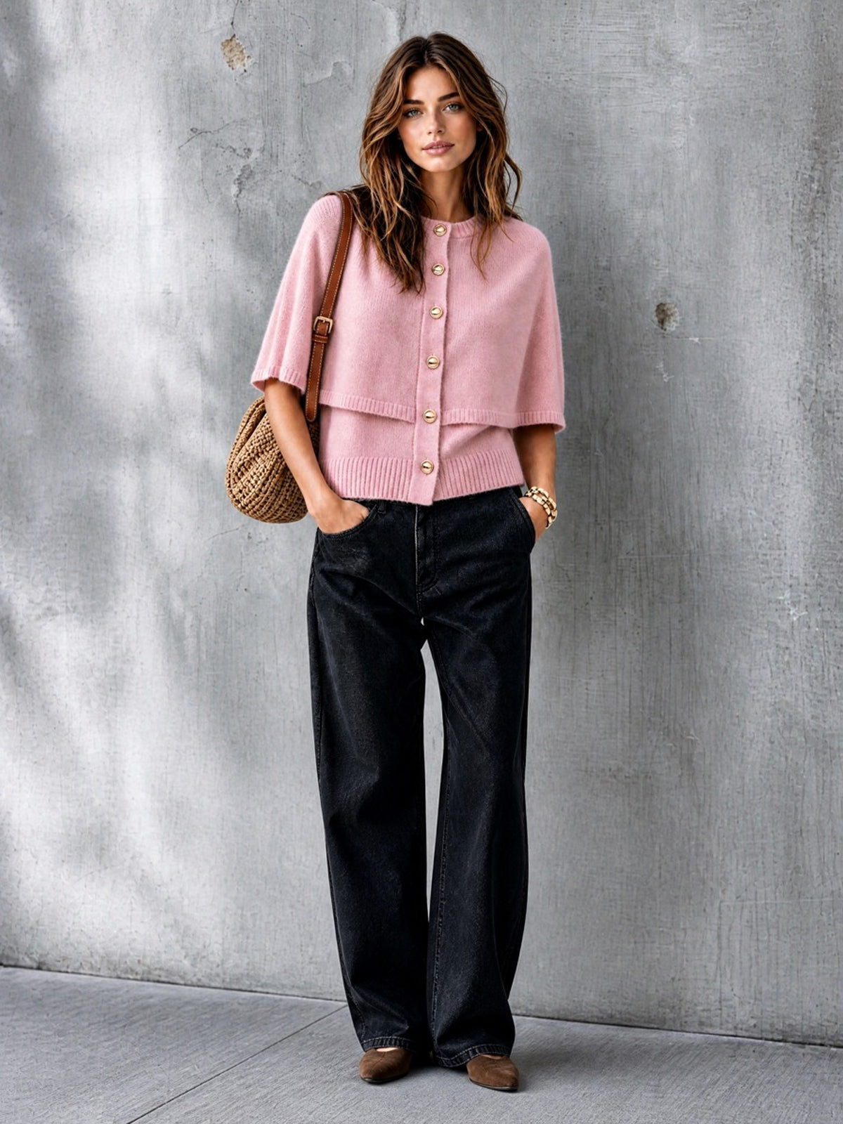 Chic Elegant Pink Round-Neck Cape-Sleeve Single-Breasted Loose-Fit Wool Blend Knit Faux Two-Piece Cardigan