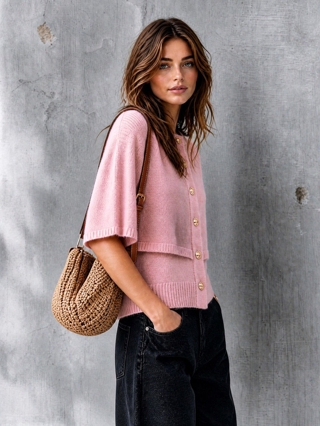 Chic Elegant Pink Round-Neck Cape-Sleeve Single-Breasted Loose-Fit Wool Blend Knit Faux Two-Piece Cardigan