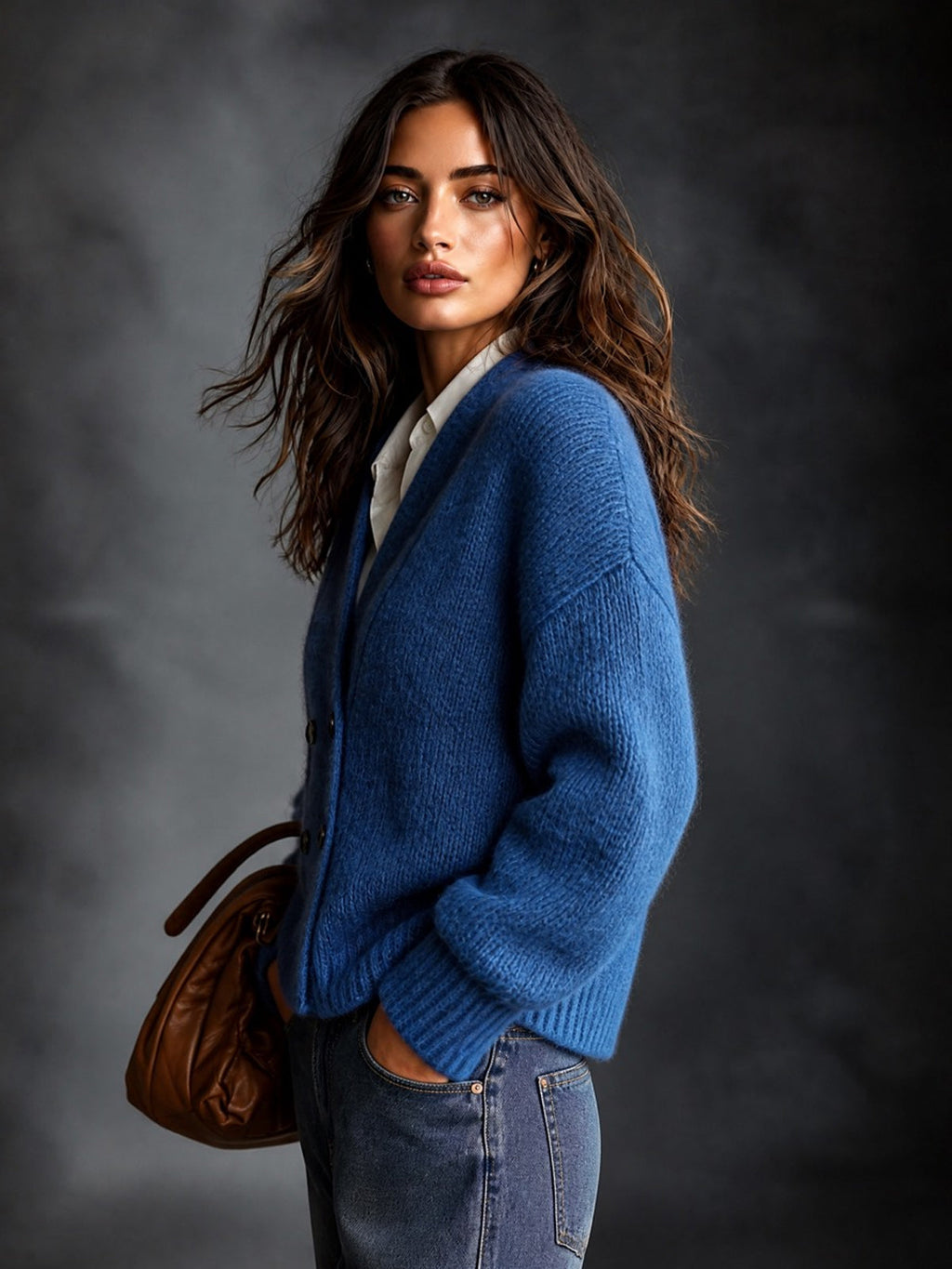 Chic Elegant Dark Blue V-Neck Dropped-Shoulder Long-Sleeve Double-Breasted Loose-Fit Wool Blend Knit Cardigan
