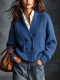 Chic Elegant Dark Blue V-Neck Dropped-Shoulder Long-Sleeve Double-Breasted Loose-Fit Wool Blend Knit Cardigan