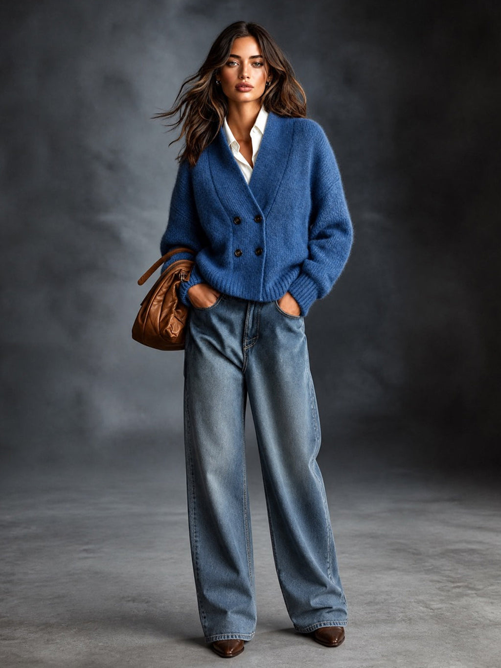 Chic Elegant Dark Blue V-Neck Dropped-Shoulder Long-Sleeve Double-Breasted Loose-Fit Wool Blend Knit Cardigan