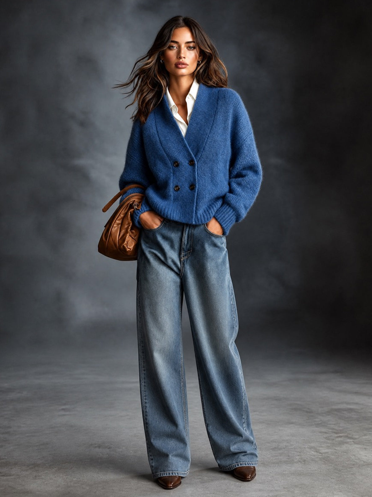 Chic Elegant Dark Blue V-Neck Dropped-Shoulder Long-Sleeve Double-Breasted Loose-Fit Wool Blend Knit Cardigan