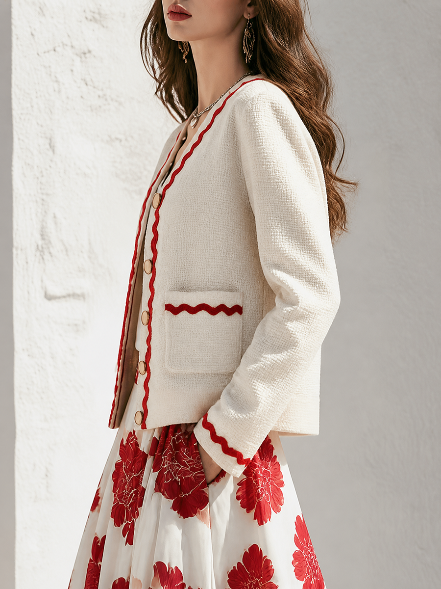 Ivory Textured Tweed Contrast Red Wavy Ric-Rac Trim V-Neck Gold Button Cropped Long Sleeve Retro French Chic Jacket